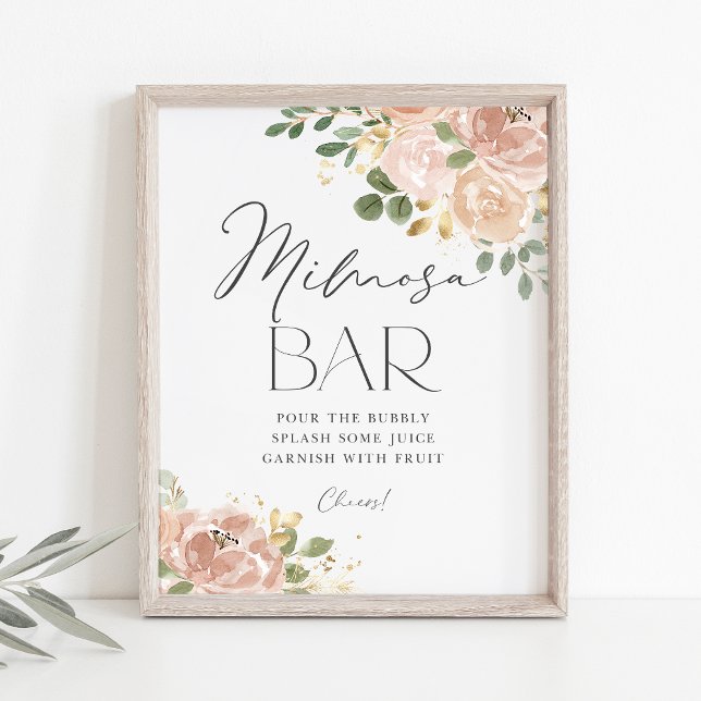 Boho Watercolor Mauve Peach Blume Mimosa Bar Poster (Boho Mimosa Bar Sign featuring watercolor mauve peach flowers and faux gold foil accents.)