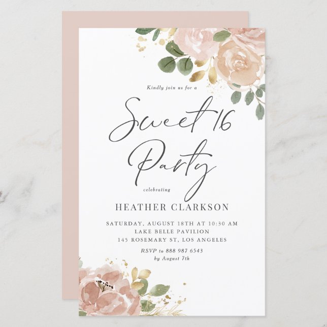 Boho Watercolor Mauve Peach Blume Sweet 16 Party (Vorne/Hinten)