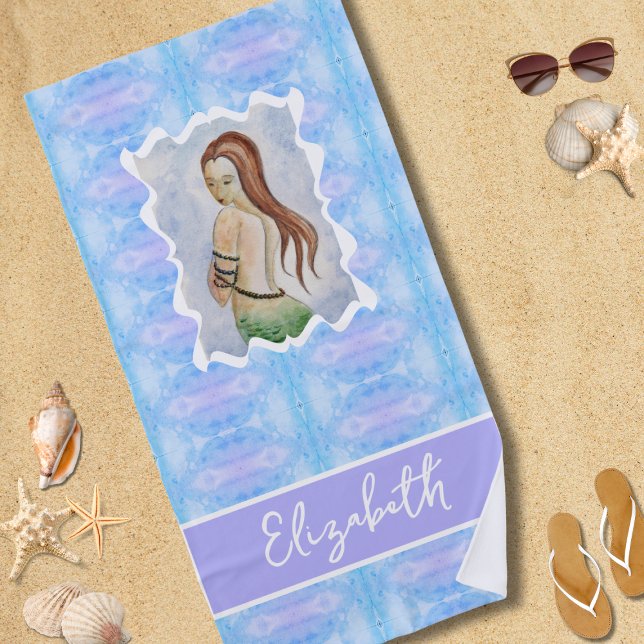 Boho Watercolor Mermaid Personalized Strandtuch (Von Creator hochgeladen)