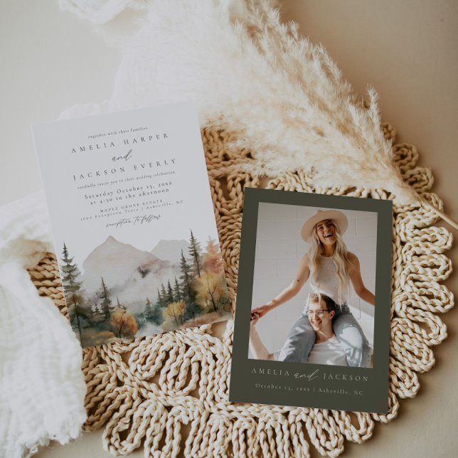 Boho Watercolor Mountain Wedding Einladung (Von Creator hochgeladen)