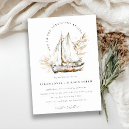 Boho Watercolor Palm Sailboat Seascape Wedding Einladung