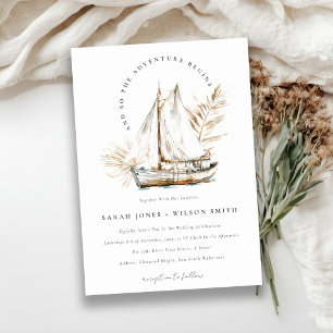Boho Watercolor Palm Sailboat Seascape Wedding Einladung
