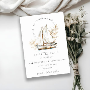 Boho Watercolor Palm Sailboat Seascape Wedding Save The Date