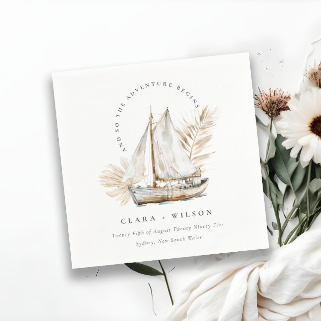 Boho Watercolor Palm Sailboat Seascape Wedding Serviette (Von Creator hochgeladen)