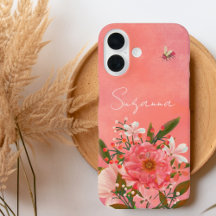 Boho Watercolor Pink Coral Florals Script Name