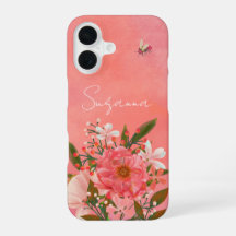 Boho Watercolor Pink Coral Florals Script Name