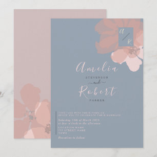 Boho Watercolor Pink Dusty Blue Wedding Einladung
