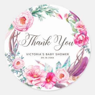 Boho Watercolor Pink Peonies Vielen Dank Runder Aufkleber