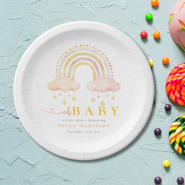 Boho Watercolor Pink Rainbow Girl Baby Dusche Pappteller (Boho Watercolor Pink Rainbow Girl Baby Shower Paper Plates)