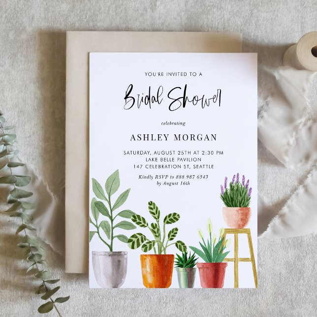 Boho Watercolor Potted Pflanze Brautparty Einladung (Customizable boho bridal shower invitation featuring watercolor potted houseplants. )