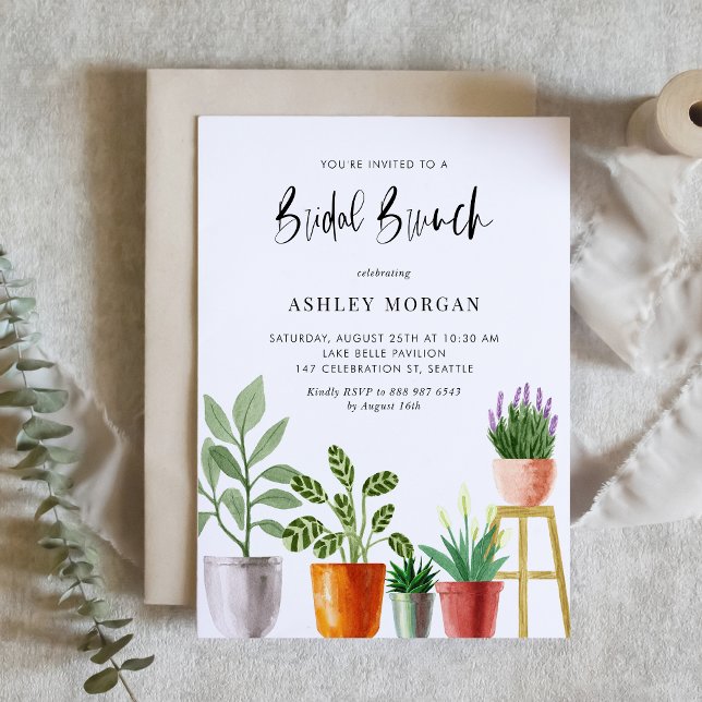 Boho Watercolor Potted Pflanze Bridal Brunch Einladung (Customizable boho bridal brunch invitation featuring watercolor potted houseplants. )