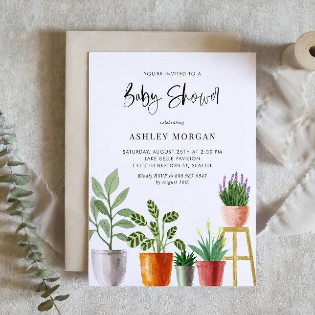 Boho Watercolor Potted Pflanze Kinderdusche Einladung (Customizable boho baby shower invitation featuring watercolor potted houseplants. )