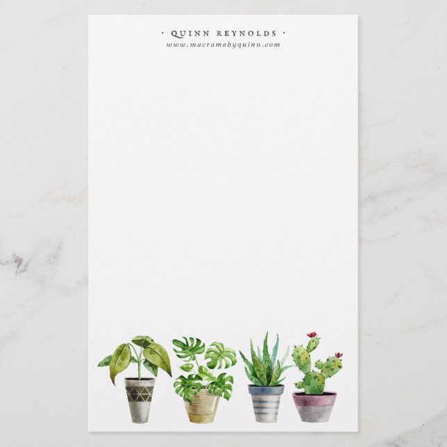 Boho Watercolor Potted Pflanze | Monogramm-Station Briefpapier (Vorderseite)