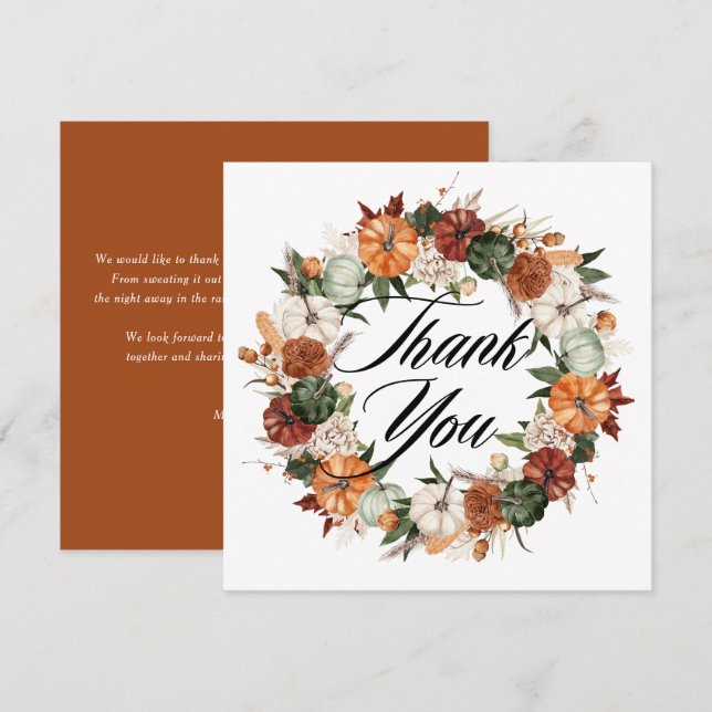 Boho Watercolor Pumpkins Wreath Herbsthochzeit Dankeskarte (Vorne/Hinten)