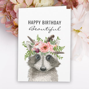 Boho Watercolor Raccoon Happy Birthday Karte