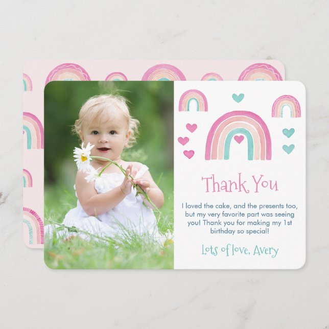 Boho Watercolor Rainbow Girl Birthday Picture Dankeskarte (Vorne/Hinten)