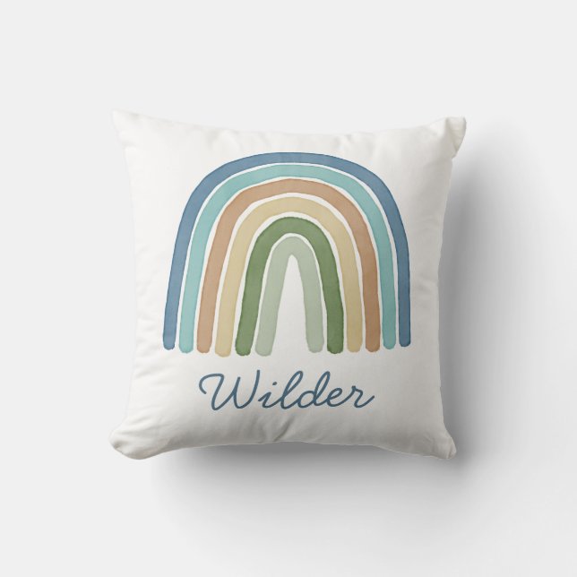Boho Watercolor Rainbow Name Modern Blue Kissen (Vorderseite)