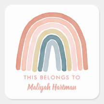 Boho Watercolor Rainbow Name School Label Coral