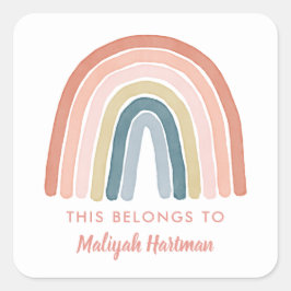 Boho Watercolor Rainbow Name School Label Coral Quadratischer Aufkleber