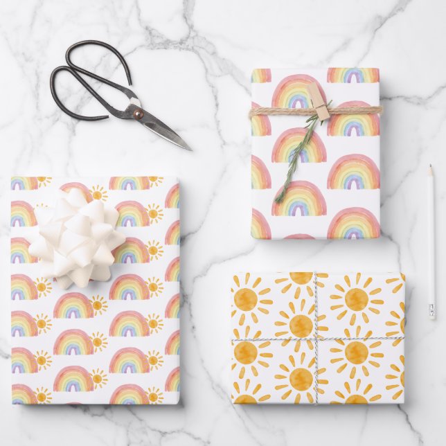 Boho Watercolor Rainbow Sun Geschenkpapier Set (Vorderseite)