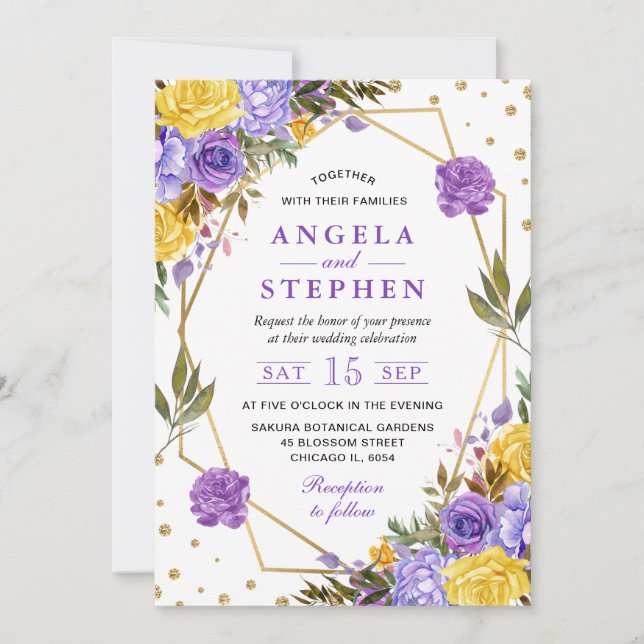 Boho Watercolor Spring Flowers Gold Frame Wedding Einladung (Vorderseite)