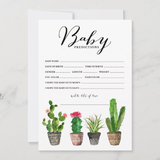 Boho Watercolor Succulents Baby Predictions Card (Vorderseite)