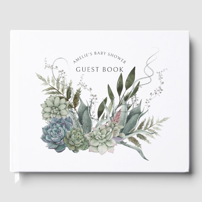 Boho Watercolor Succulents Babydusche Gästebuch (Vorderseite)