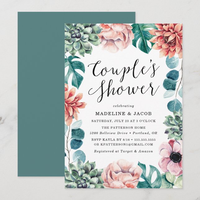Boho Watercolor Succulents Couple's Dusche Einladung (Vorne/Hinten)