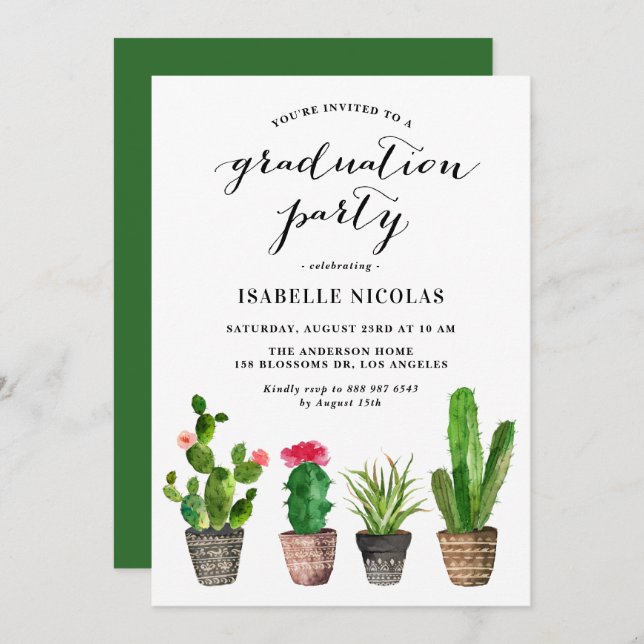 Boho Watercolor Succulents Graduation Party Einladung (Vorne/Hinten)