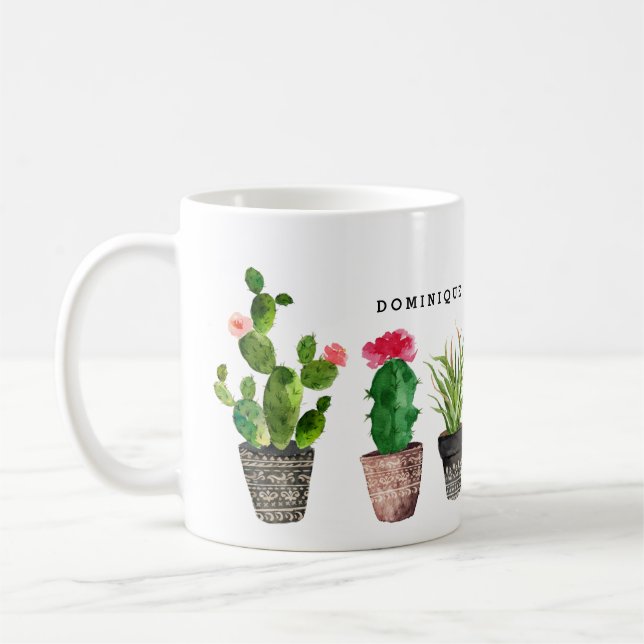 Boho Watercolor Succulents Muster Personalisiert Kaffeetasse (Links)