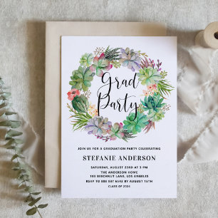 Boho Watercolor Succulents Wreath Graduation Party Einladung