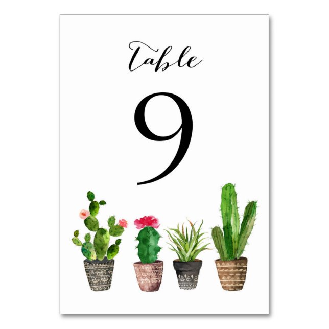 Boho Watercolor Succules Tischnummern Karte 9 (Vorderseite)