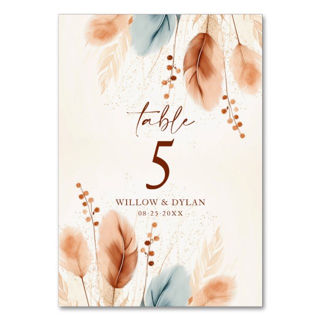 Boho Watercolor Terracotta Pampas Grass Beige Blau Tischnummer (Vorderseite)