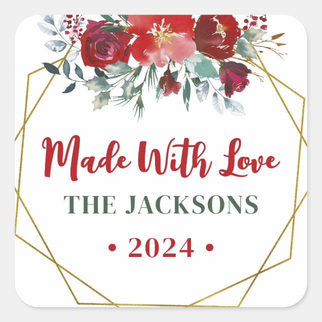 Boho Watercolor Weihnachtsmann Familienname Quadratischer Aufkleber (Vorderseite)