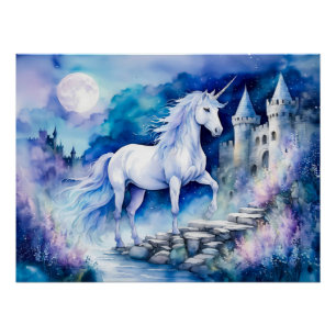 Boho-Watercolor-Weißes Einhorn nahe einer alten Bu Poster