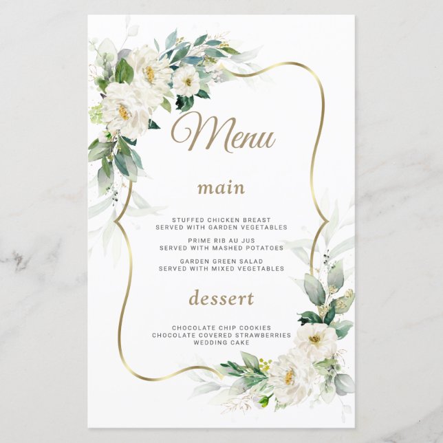Boho Watercolor White Blume Gold Wedding Menu (Vorderseite)