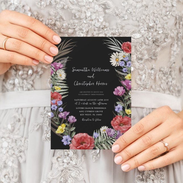 Boho Watercolor Wild Blume Black Wedding Einladung (Von Creator hochgeladen)