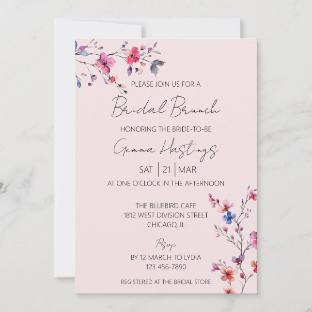 Boho Watercolor Wild Blume Bridal Brunch Pink Einladung (Vorderseite)