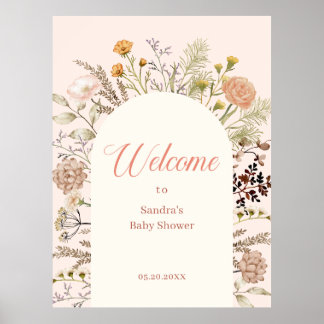 Boho Watercolor Wildblume Babydusche Willkommen Poster
