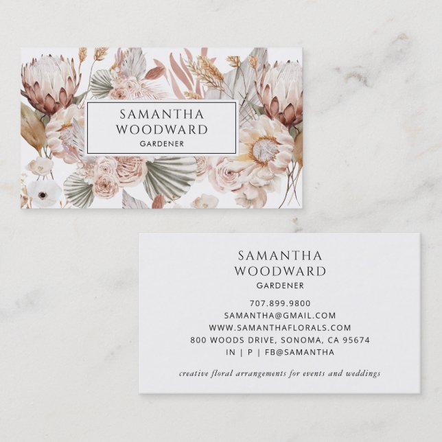Boho Watercolor Wildblume Gardener Business Cards Visitenkarte (Vorne/Hinten)