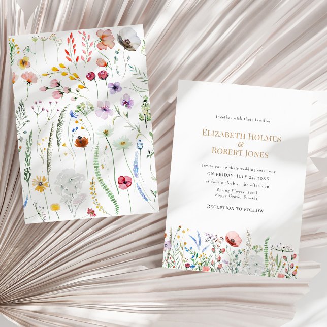 Boho Watercolor Wildblume Hochzeit Einladung (Boho Watercolor Wildflower Wedding Invitation on a sunny neutral dry palm leaf.)