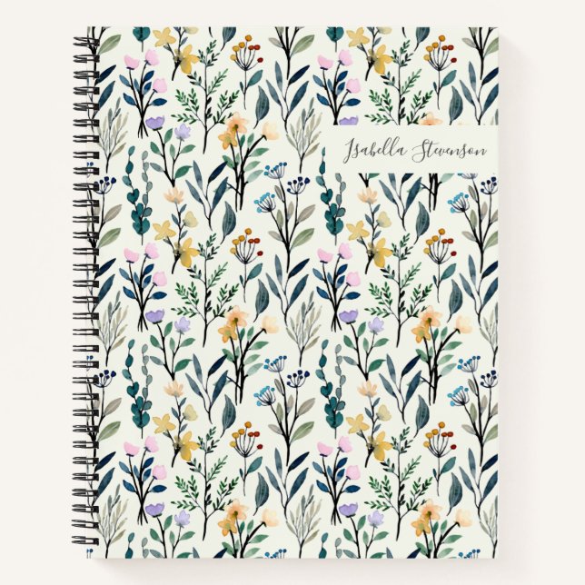 Boho Watercolor Wildblume Personalisiert Sketchboo Notizbuch (Vorderseite)