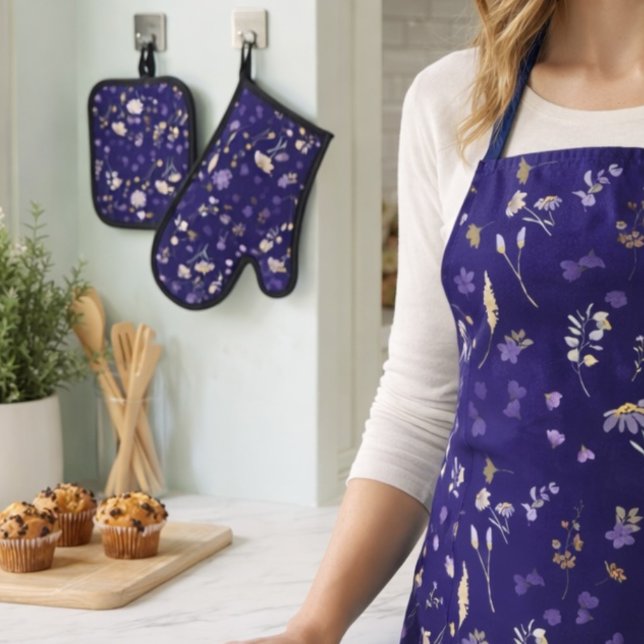 Boho Watercolor Wildblumen Navy  Ofenhandschuh & Topflappen-Set (Von Creator hochgeladen)
