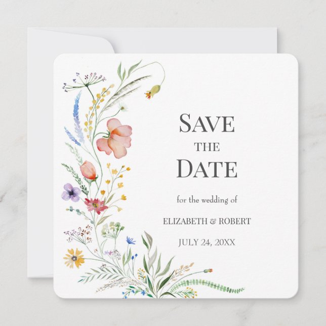 Boho Watercolor-Wildblumen Save the Date Karte (Vorderseite)