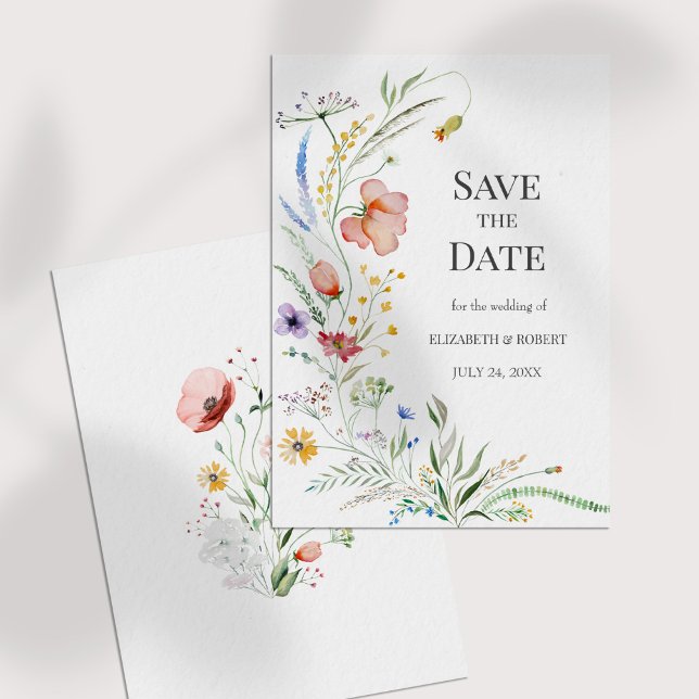Boho Watercolor-Wildblumen Save the Date Karte (Boho Watercolor Wildflowers Save The Date Card on a white table)
