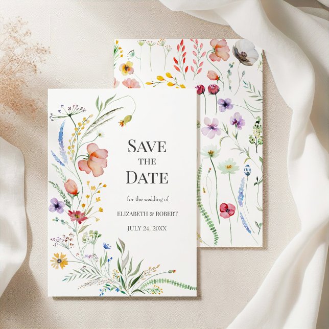 Boho Watercolor-Wildblumen Save the Date Karte (Boho Watercolor Wildflowers Save The Date Card on elegant silky tableclothes)