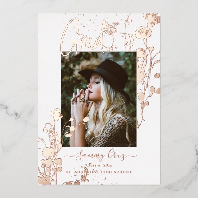 Boho Watercolor Wilde Blume Abschluss Rose Gold Folieneinladung (Vorderseite)