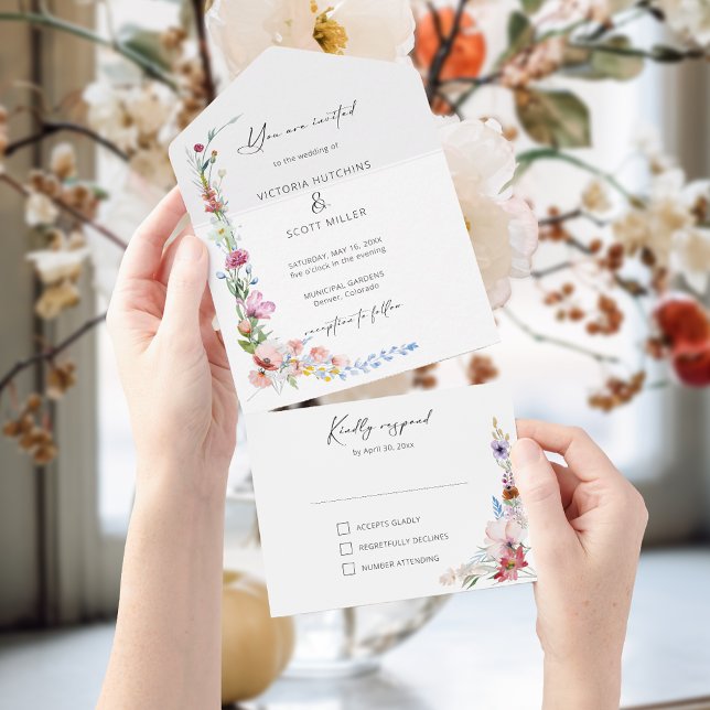 Boho Watercolor Wildflower Calligraphy Wedding All In One Einladung (Von Creator hochgeladen)