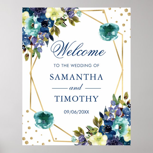 Boho Watercolor Winter Blume Goldrahmen Hochzeit Poster (Vorne)