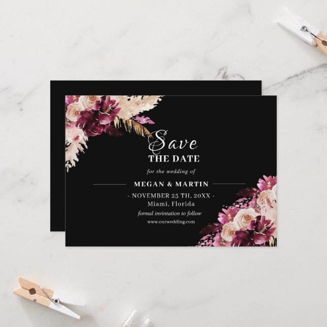 Boho Wedding Black Floral Save the Date Einladung (Vorderseite/Rückseite Beispiel)
